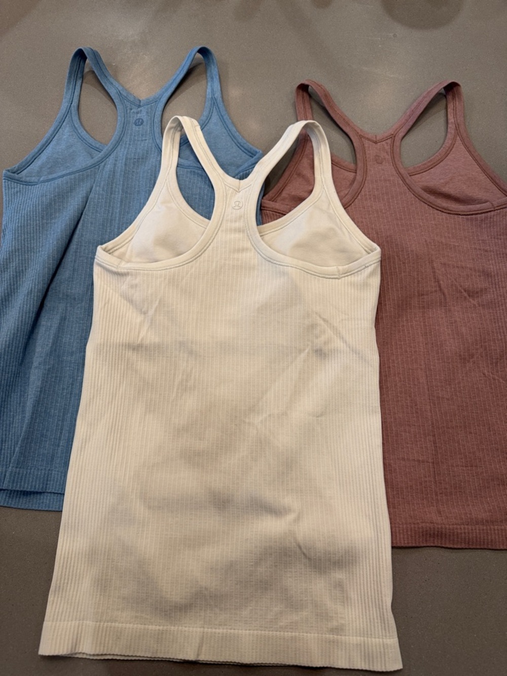 Lululemon (3) Ribbed Racerback Tank Tops - Blue, Mauve, Cream - Picture 2 of 9